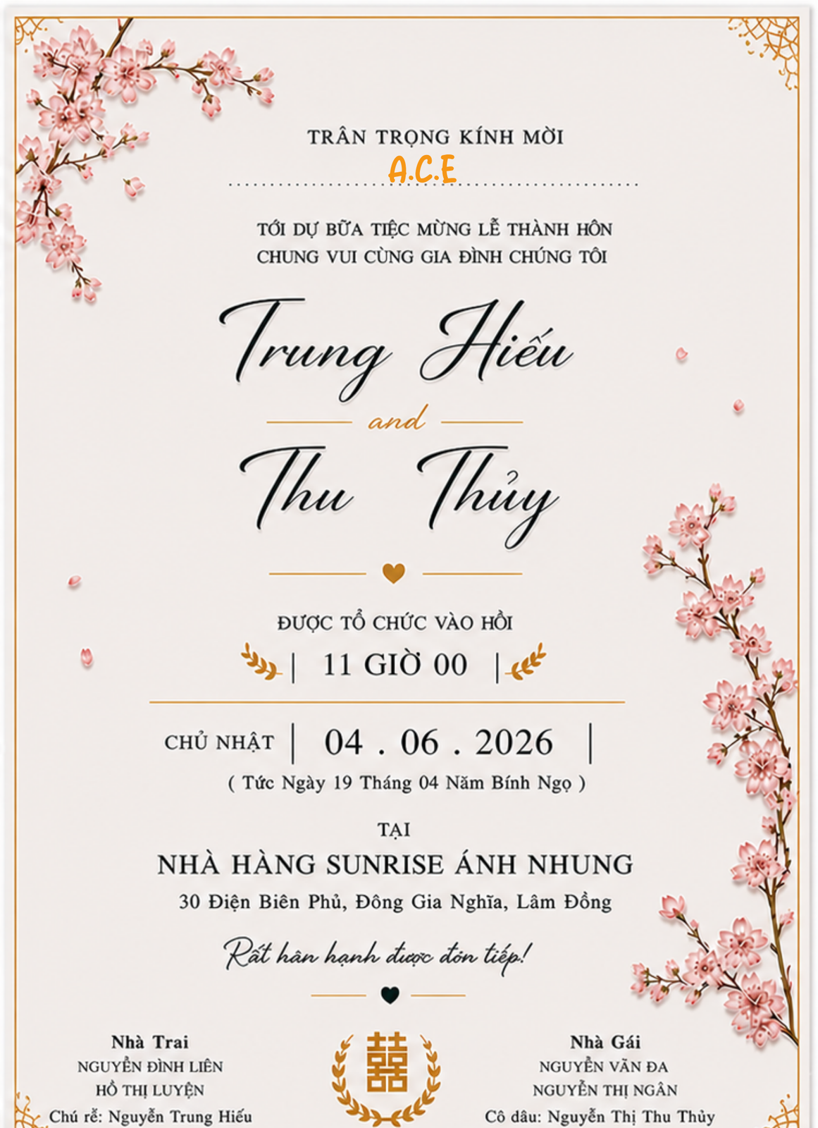 Nội dung thiệp cưới Trung Hiếu & Thu Thuỷ